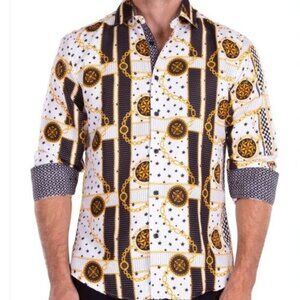 BC Collection Spangled Modern Button Up Long Sleeve Monogram Gold Chain Shirt
